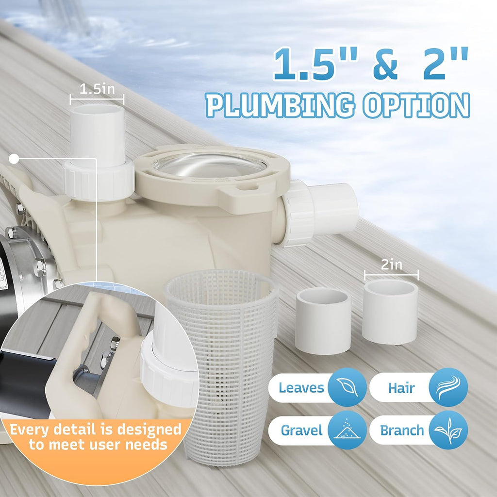 1HP Pool Pump, 115/208-230V Pool Pump Inground, 5785GPH, In/Above Ground Pool Pumps, Low Nosie, Powerful Self Primming Swimming Pool Pump with 2'/1.5' Fittings - 2 Year Warranty
