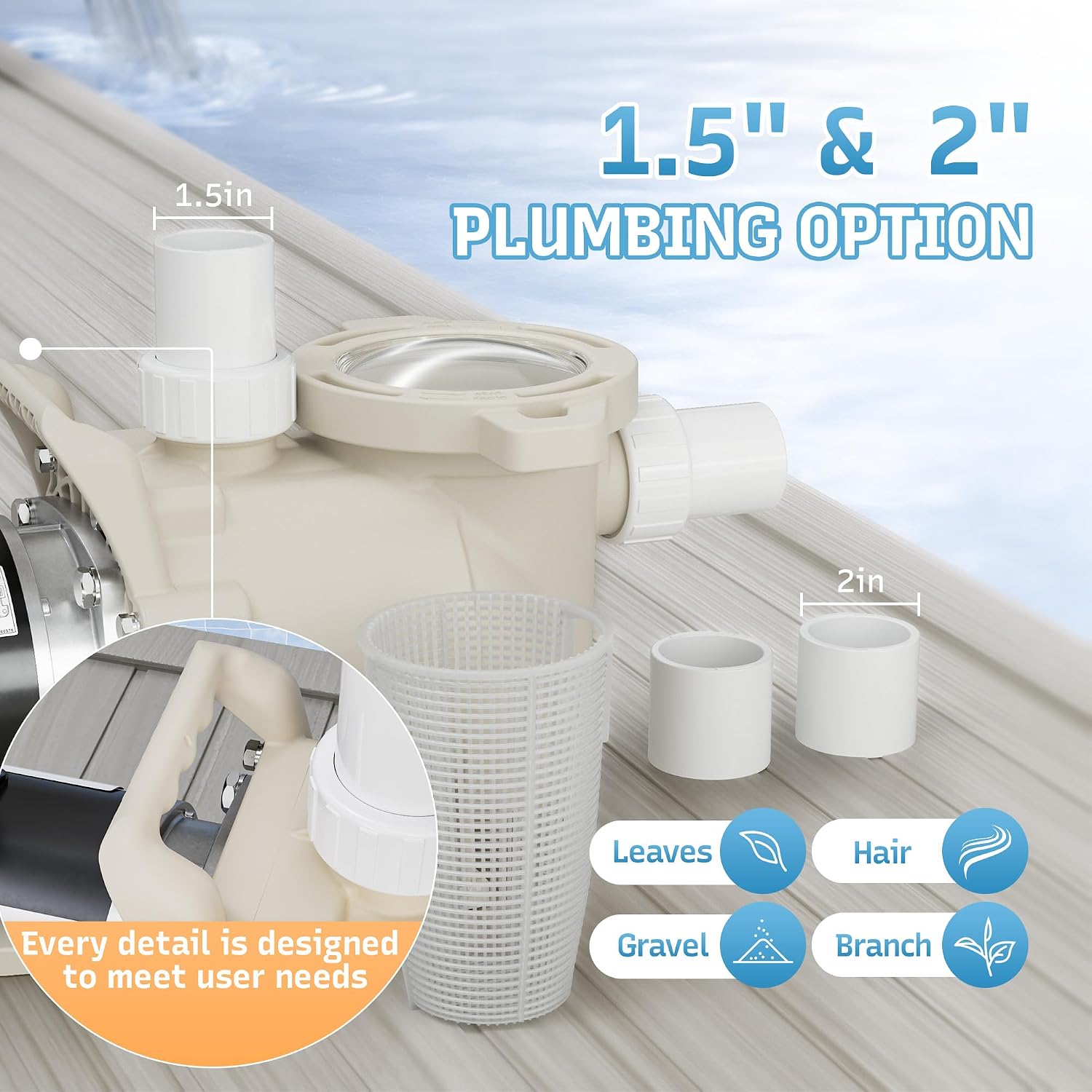 1HP Pool Pump, 115/208-230V Pool Pump Inground, 5785GPH, In/Above Ground Pool Pumps, Low Nosie, Powerful Self Primming Swimming Pool Pump with 2'/1.5' Fittings - 2 Year Warranty