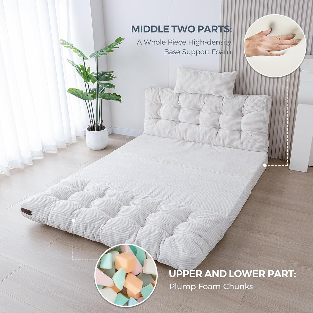 MAXYOYO Folding Sofa Bed, Tufted Bean Bag Bed with Pillows Floor Mattress for Adults, Extra Thick and Long Floor Sofa, Twin Floor Couch Bed for Bedroom Living Room, Beige, 39x91 Inch