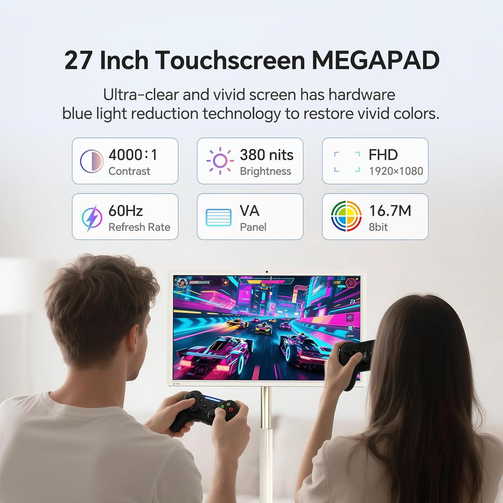 KTC 27' MEGAPAD 1080p Portable TV Touchscreen Monitor, EDLA-Certified Android 14 8G RAM +128G Storage Octa-core CPU Qualcomm Remote Control 9500mAh Battery Full Swivel Rotation Camera