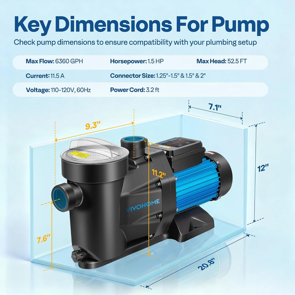 VIVOHOME Self Primming in/Above Ground Swimming Pool Pump w 1.25'' & 1.5' & 2.0'' Unions Energy Saving w/Strainer Baske, 6360 GPH