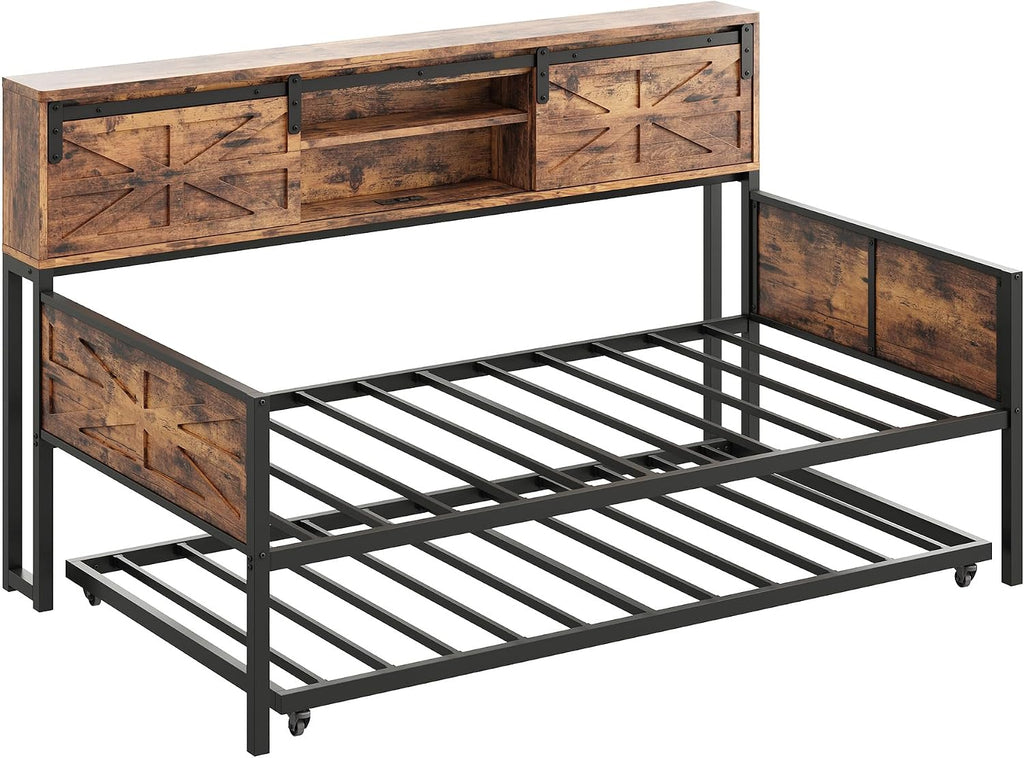 LIKIMIO Daybed with Trundle Bed, Sofa Bed Twin with Charging Station, with Storage Headboard & Strong Support, for Living Room, Bedroom and Guest Room, Industrial Brown