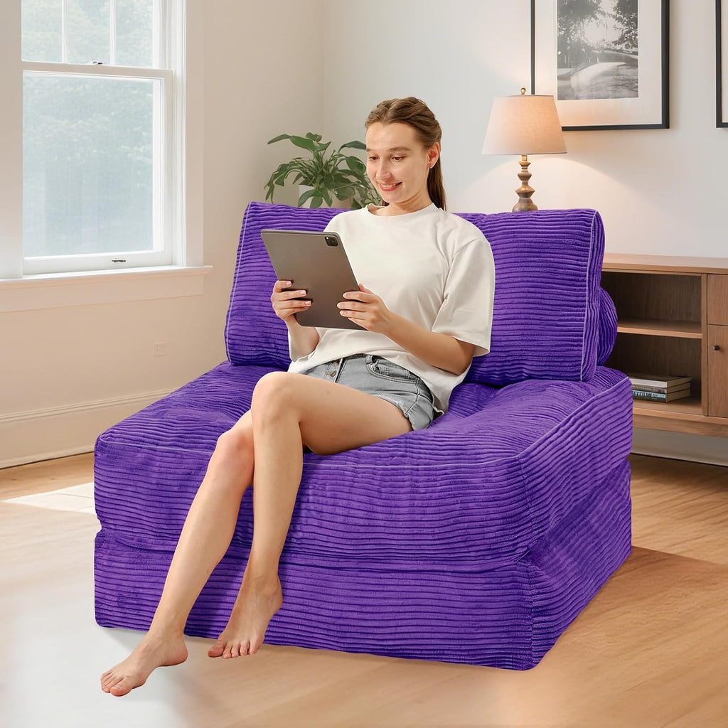HABUTWAY Folding Sofa Bed, Convertible Sleeper Chair Bed w/Dual-Pillow & Handle, Foldable Floor Sofa Lounge w/Back Support for Living Room, Bedroom, Apartment, Office, Single, Purple