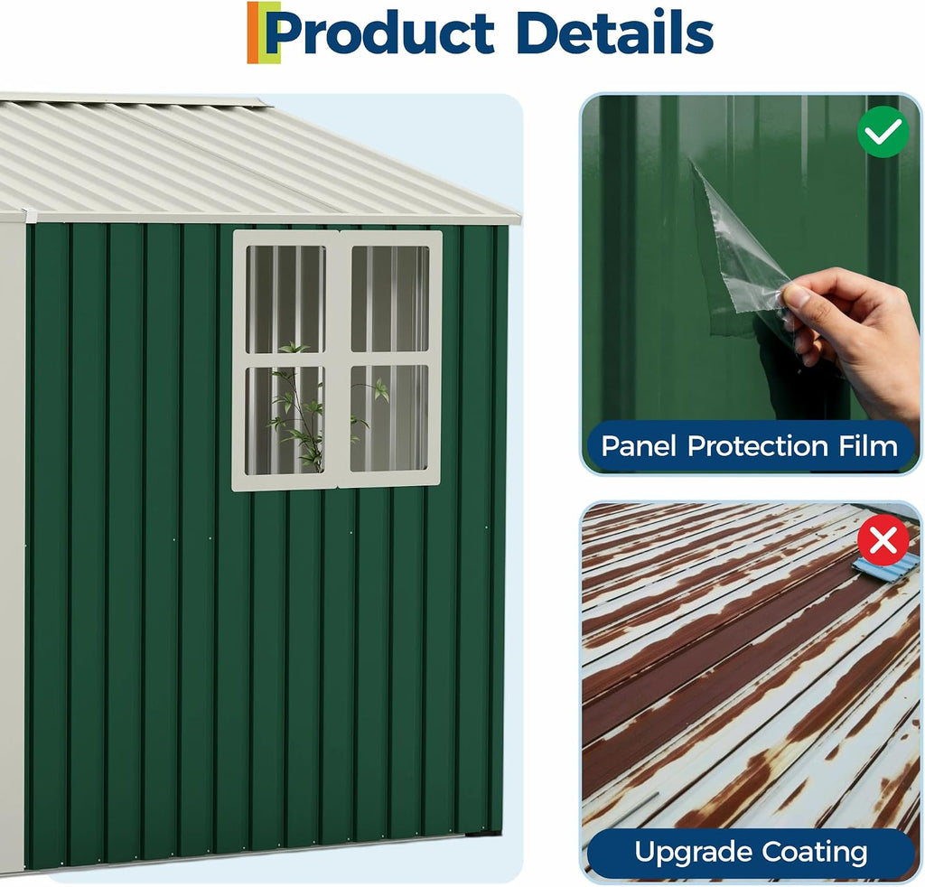 GarveeLife 8x10 FT Outdoor Storage Shed,450CU.T Metal Tool Shed with Clear Window, Lockable Doors,Large Garden Storage Box with Sloping Roof，Sheds&Outdoor Storage for Backyard Garden Patio Lawn, Green