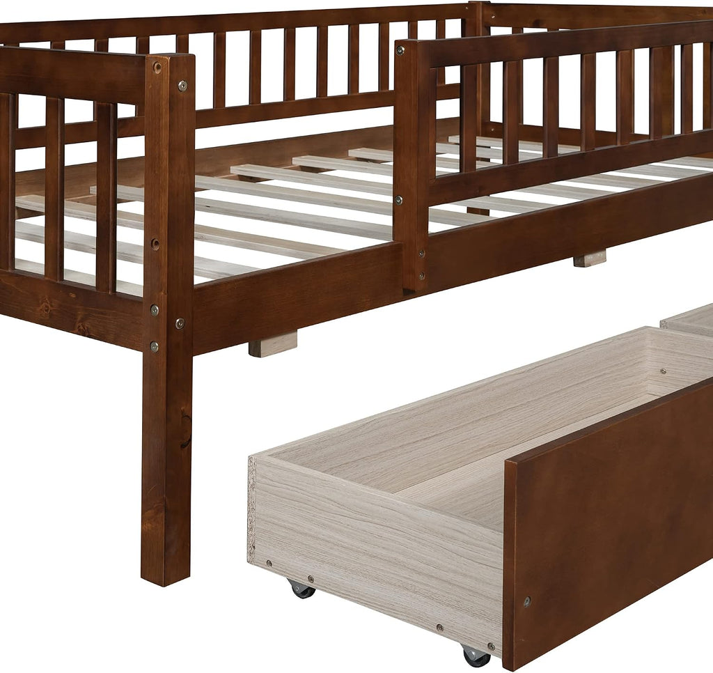 Montessori Bed Frame with Fence Railings and Drawers for Kids,Twin Size Wood Low Platform Bed Frame with Full-Length Safety Guardrails for Boys Girls,No Box Spring Needed,Walnut