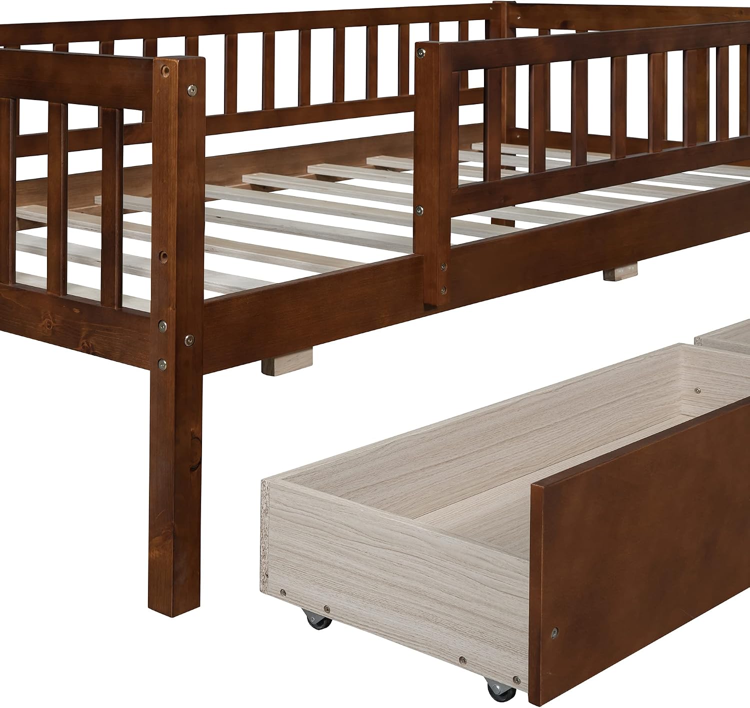 Montessori Bed Frame with Fence Railings and Drawers for Kids,Twin Size Wood Low Platform Bed Frame with Full-Length Safety Guardrails for Boys Girls,No Box Spring Needed,Walnut