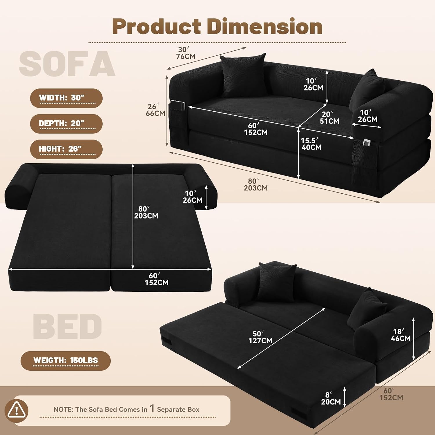 Convertible Futon Sofa Bed,80' Folding Pull Out Couch with Pillows & Storage Pocket (Black, Corduroy-30 W)