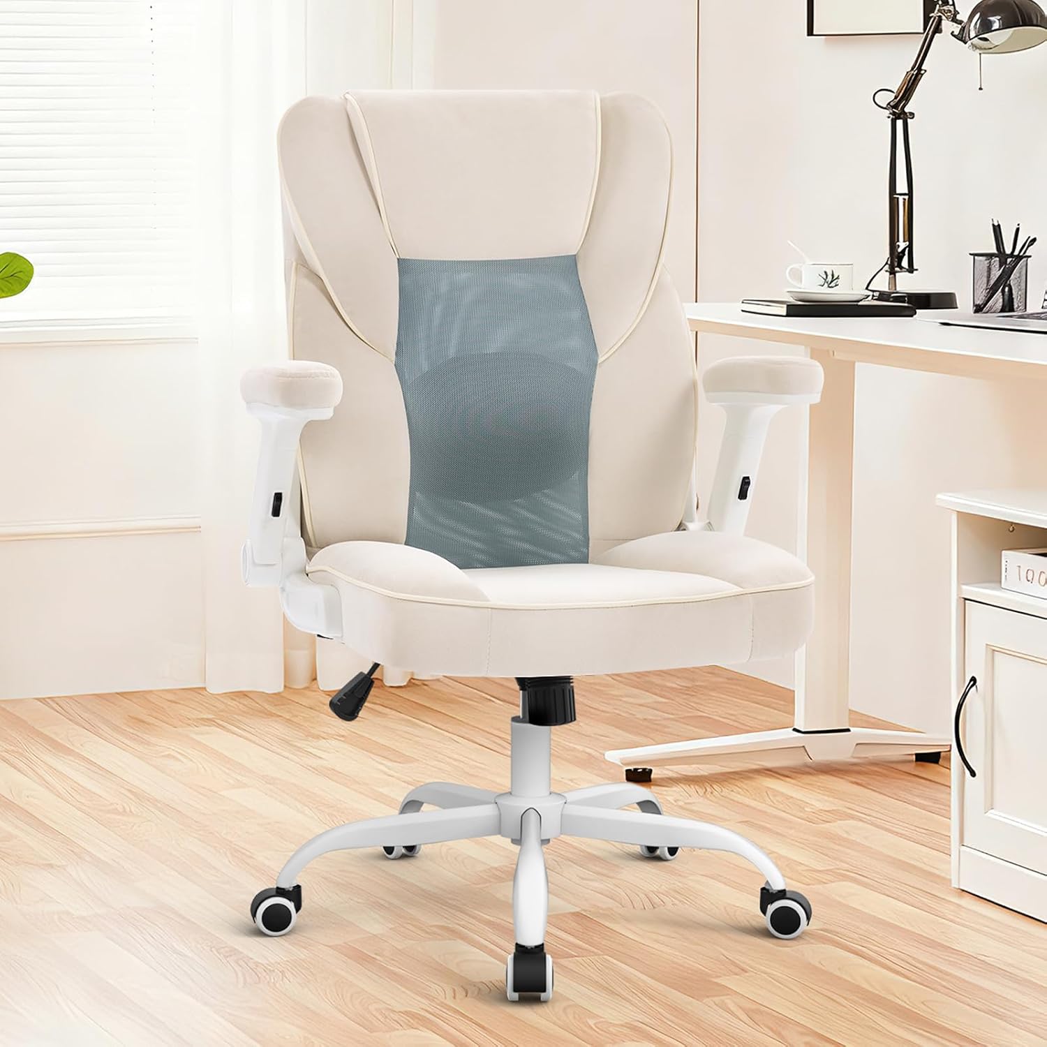 SEATZONE Home Office Desk Chairs with Wheels and Armrests,Office Chair Comfortable Ergonomic Mesh with Teddy Fleece Fabric Executive Computer Chairs for Adults and Teens,Beige