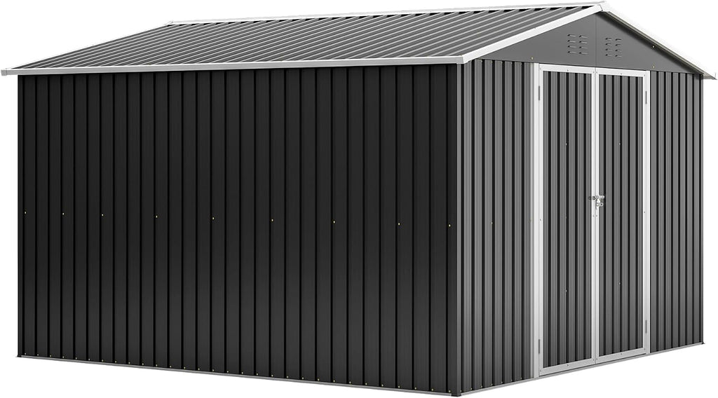 YOPTO 10 x 10 FT Outdoor Storage Shed,Heavy Duty Tool Sheds Metal Storage Garden Shed with Sloped Roof and Lockable Doors,Large Metal Storage Sheds for Backyard Patio Lawn, Black