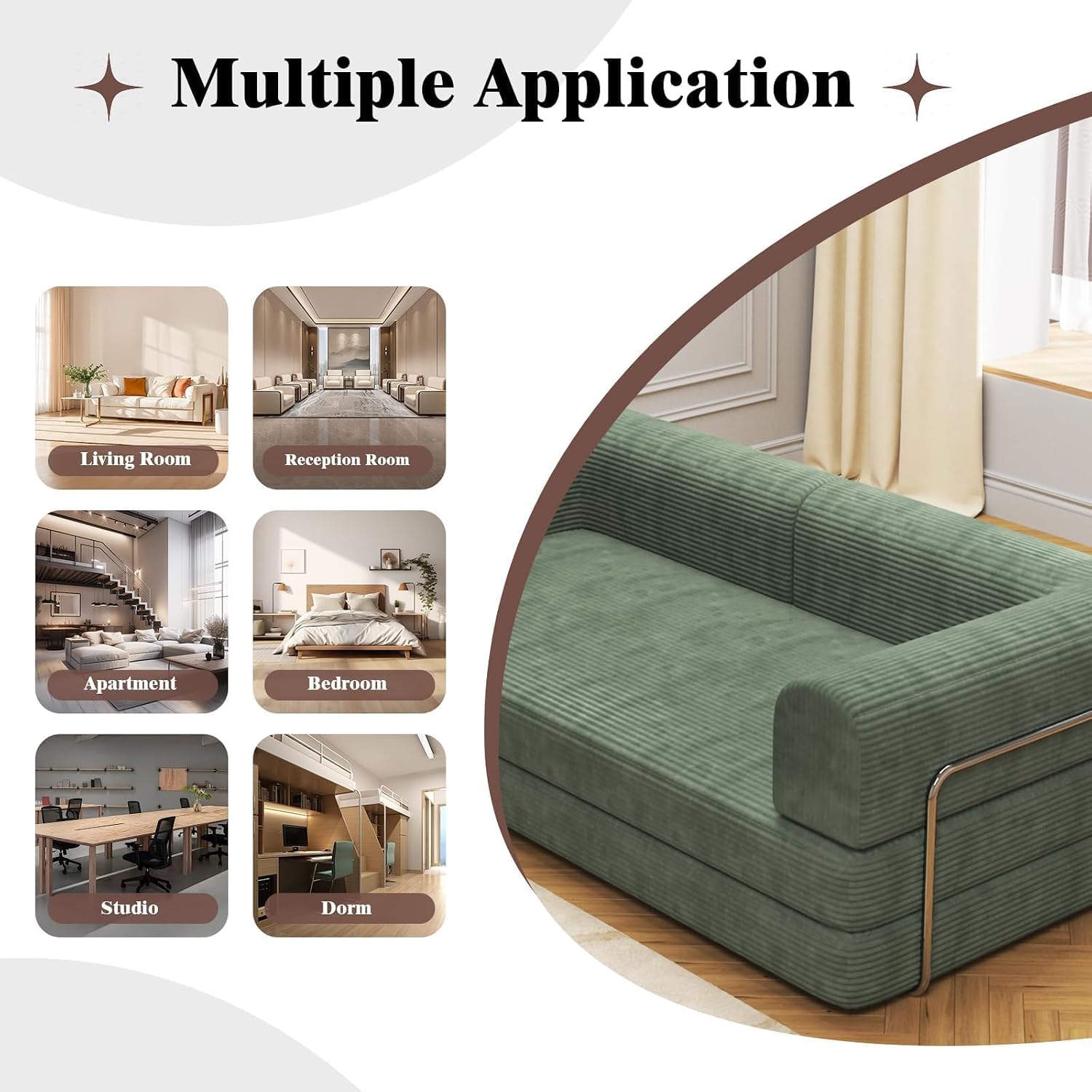 Convertible Corduroy Sleeper Sofa Bed,Folding Mattress Couch with Fixed-Shape Frame, 3 Seater Fold Out King Size Futon,No Assembly Floor Couch for Living Room Dorm Studio 78.7*39.4*29.6 Inch Green