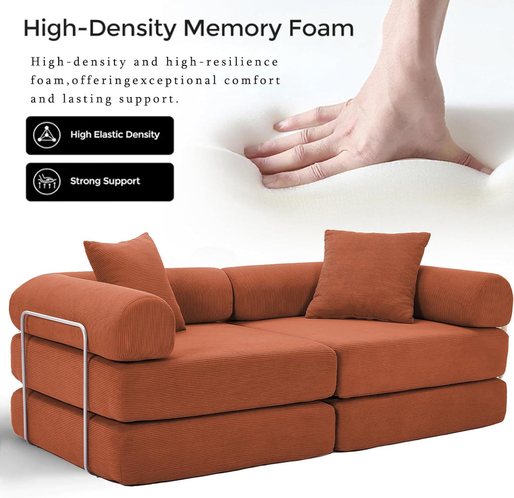 73' Convertible Modular Folding Sofa Bed, 5-in-1 DIY Combination Fold Out Sleeper Sofa Bed, Loveseat sleeper Couch with Removable Armrests, Corduroy Floor Couch, Small couches for small spaces, Orange