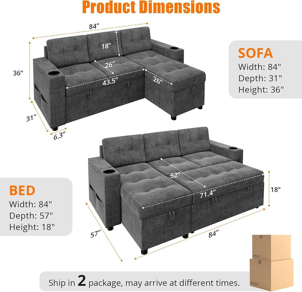 IDEALHOUSE Sofa Bed, 84 Inch Sleeper Sofa with Pull Out Bed and Charging Ports, L Shaped Couches for Living Room with 2 Storage Armrests and 2 Cup Holders, Dark Grey