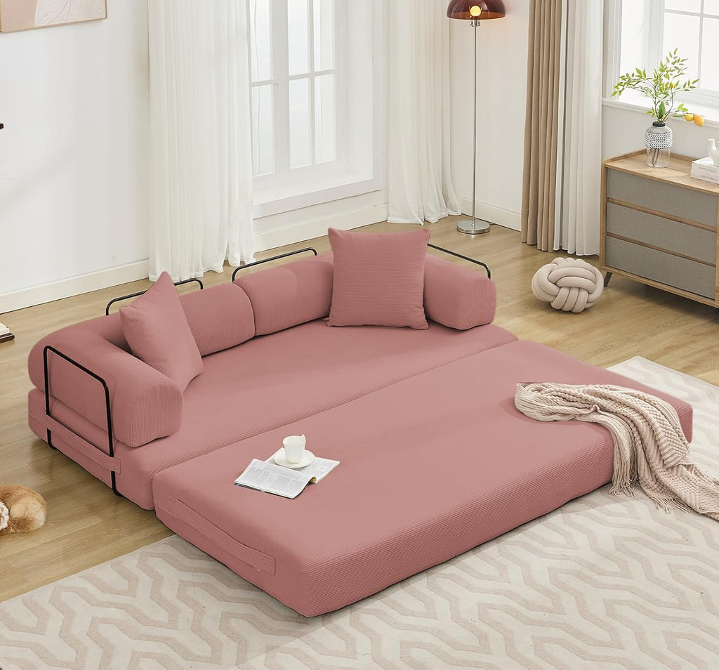 Convertible Folding Sofa Bed, Modular Floor Sofa with Removable Backrest, 3-Seater Fold Out Couch Bed with Pillows, King Size Futon Lazy Couch Corduroy Sleeper for Living Room, Dorm, Dark Pink