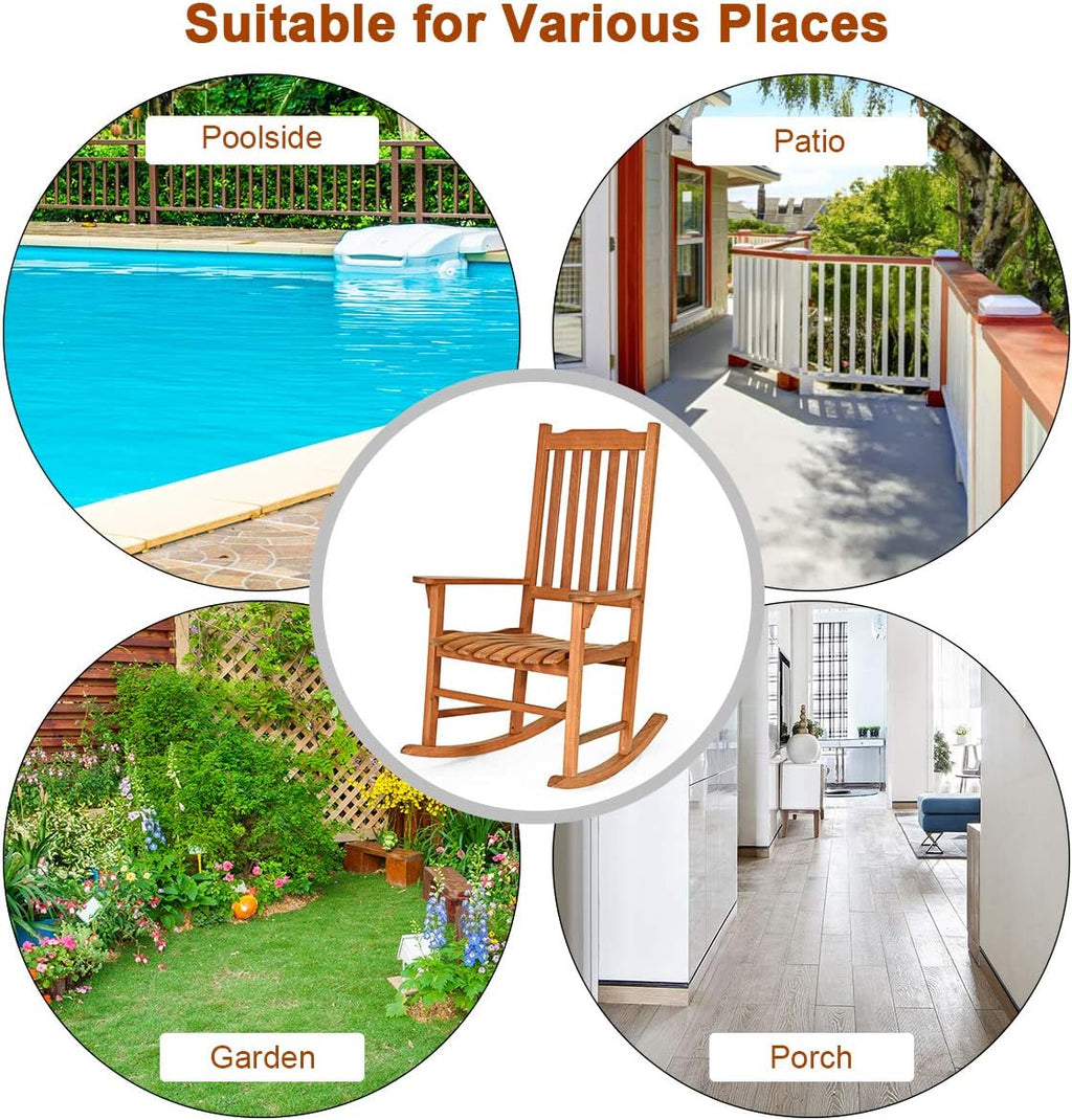 Giantex Porch Rocking Chair Outdoor and Indoor Use, Solid Eucalyptus Wood Rocker with Natural Finish, Front Porch Chairs for Patio Deck Garden, Wooden Rocking Adirondack Chair Set