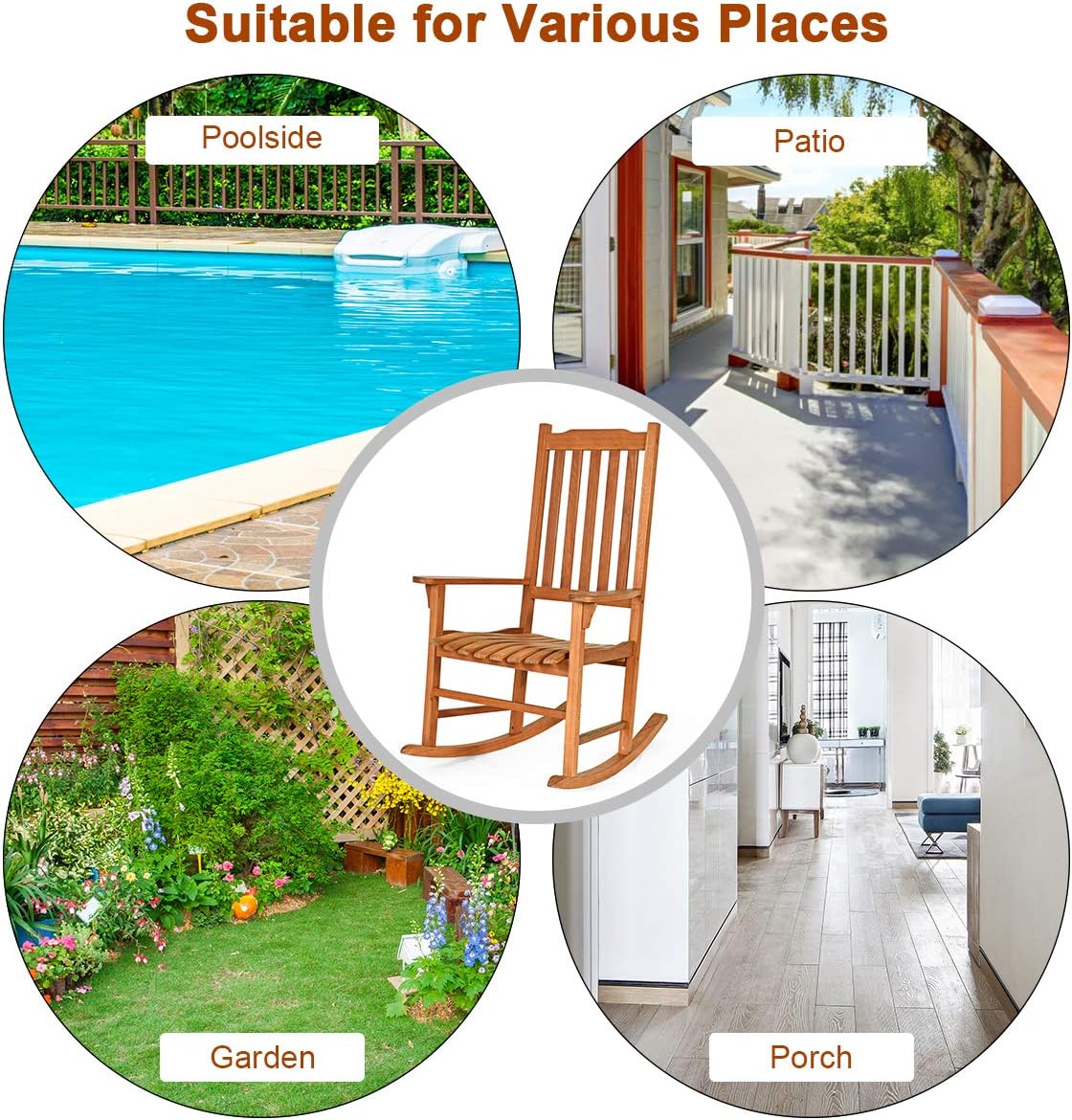 Giantex Set of 2 Porch Rocking Chair Outdoor and Indoor Use, Solid Eucalyptus Wood Rocker with Natural Finish, Front Porch Chairs for Patio Deck Garden, Wooden Rocking Adirondack Chair Set
