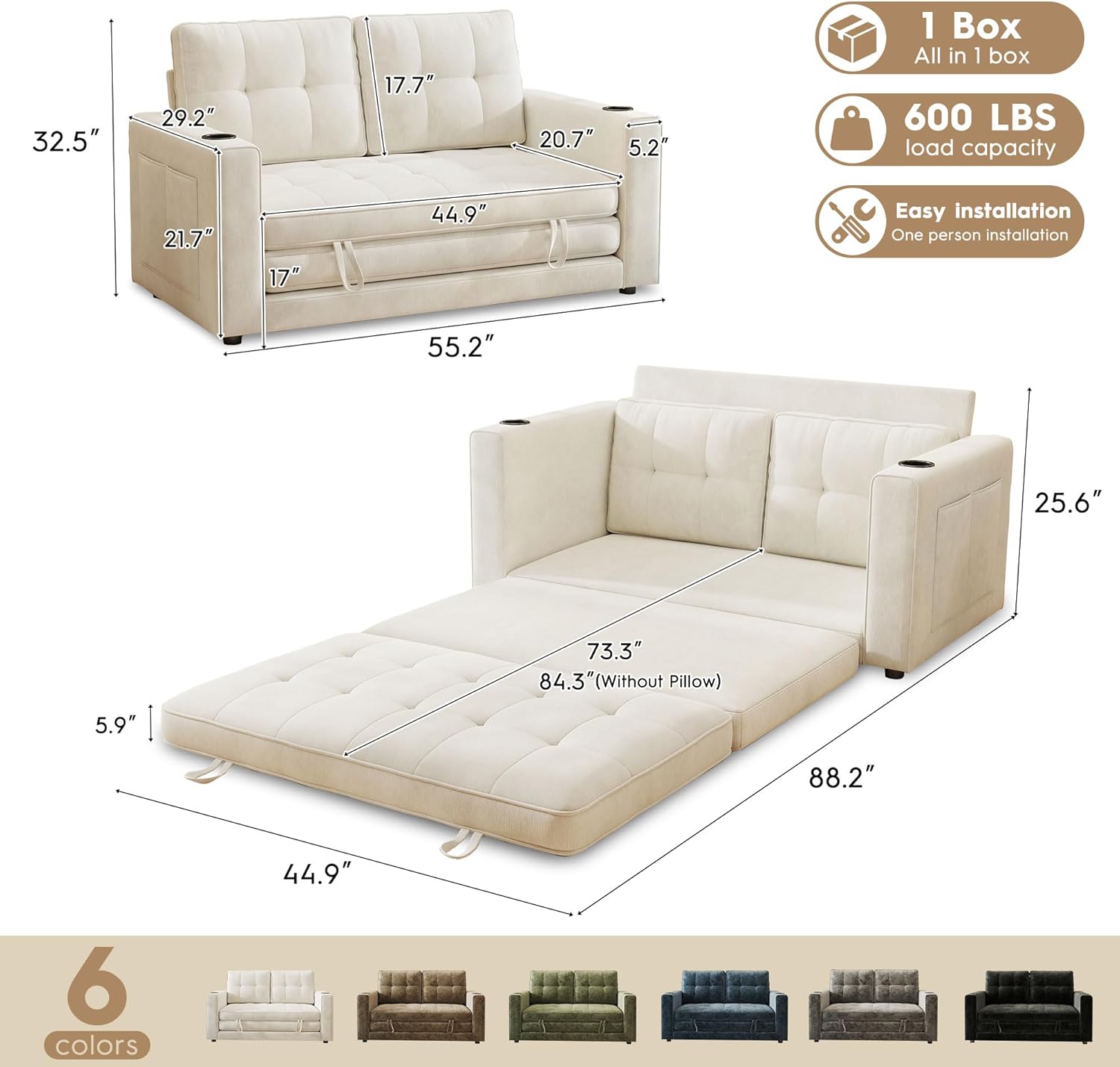 55' Convertible Folding Sofa Bed, Pull Out Couch Love Seat Sleeper Bed, Small Fold Out Loveseat sleeper with Cup Holder and Pillow for Small Space, Bedroom Lounge, Dorm, Living Room(Beige Chenille)