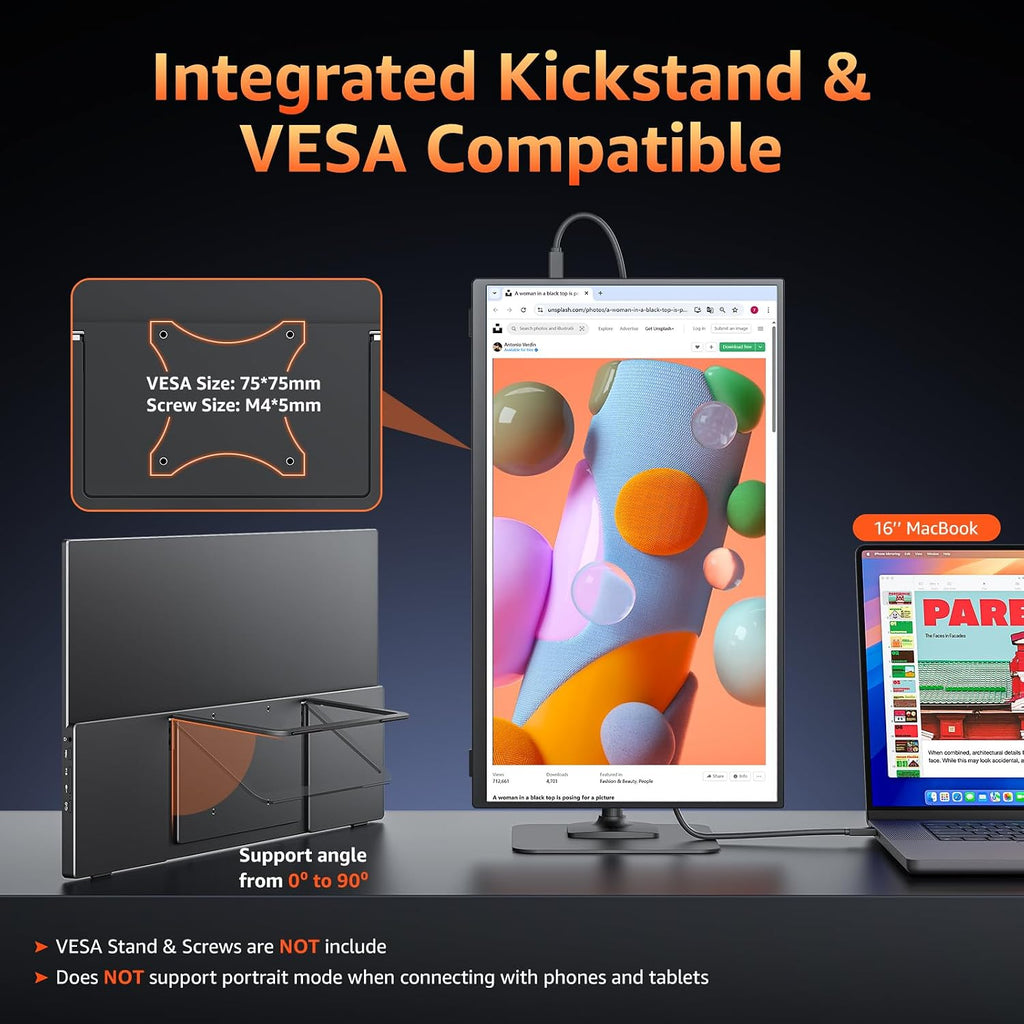 kksmart Portable Monitor for Laptop MacBook Surface PC Xbox PS5, Travel Monitor Second Screen for Laptop, HDMI USB-C VESA Compatible Built-in Speaker, 18.5
