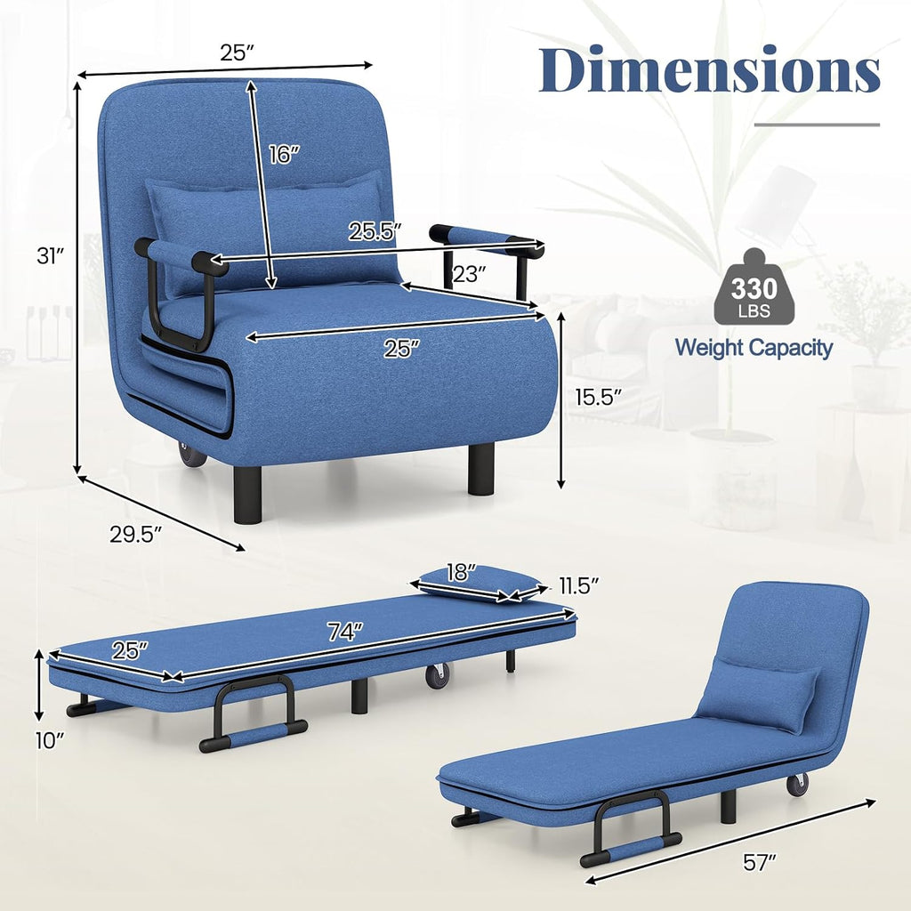 Giantex Convertible Sofa Bed, 3-in-1 Folding Sleeper Chair with 5-Position Adjustable Backrest, Wheels, 2 Legs, Recliner Chaise Lounge with Pillow, Armchairs for Nursery Living Room Office (Blue)