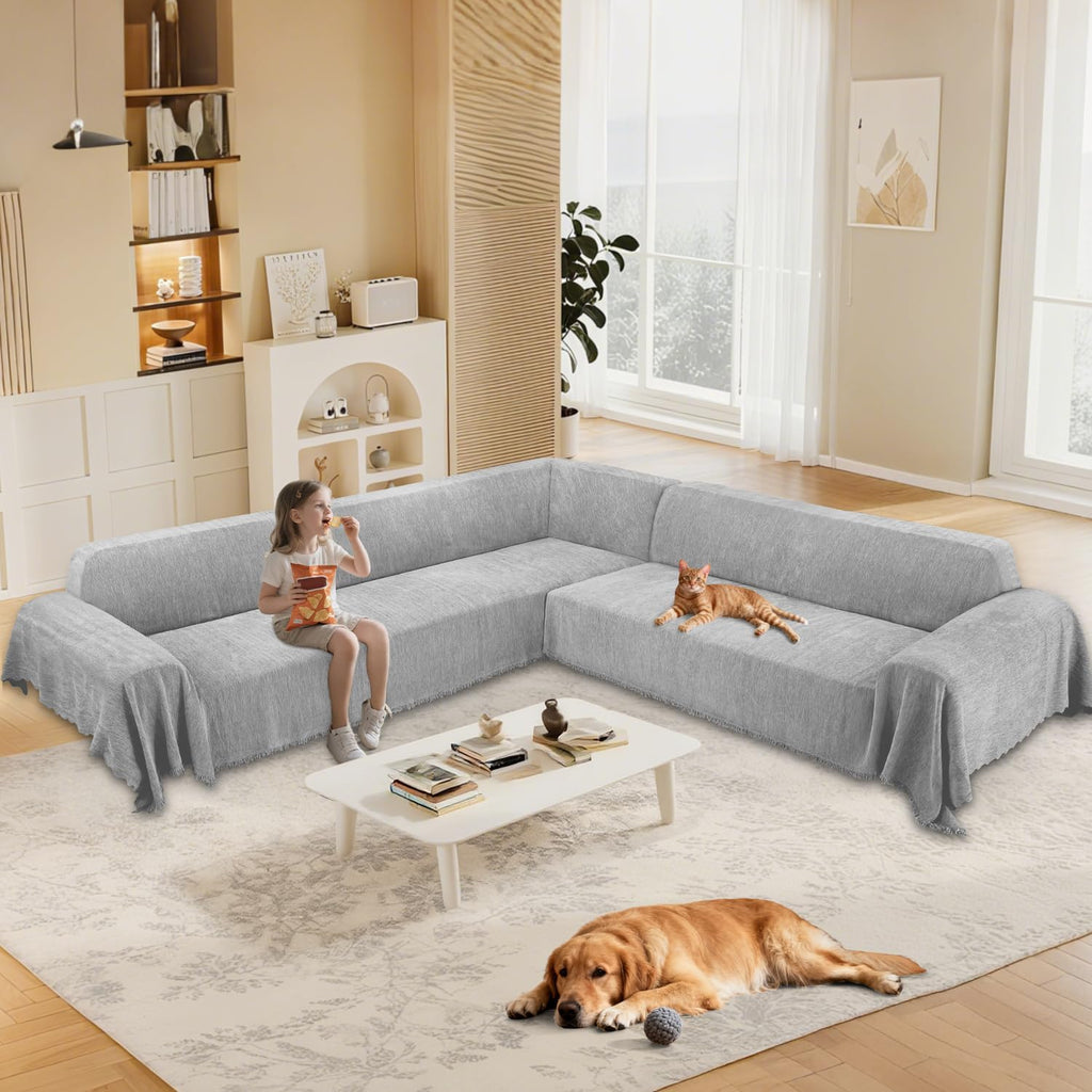1OO% Waterproof Corner Sectional Couch Covers L Shape Chenille Sectional Sofa Cover with Tassel Soft Thick Washable Sofa Slipcover Furniture Protector for Dogs Pets (91' x 252', Air Grey)