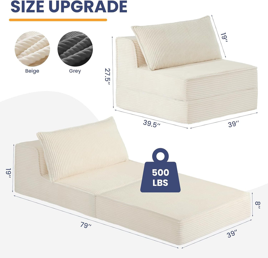 Convertible Sofa Bed, Fold Out Loveseat Sleeper Sofa Chair with Pillow, Folding Sofa Bed with Back Support, Portable Chair Bed Comfy Floor Lounge Sofa for Living Room Bedroom Guest Room, Beige