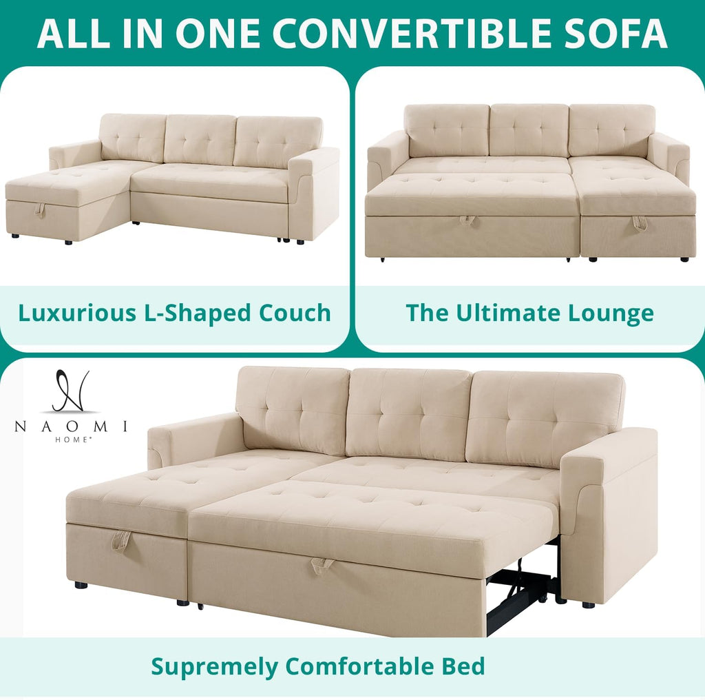 Naomi Home L Shaped Sectional Couch with Storage & Pull Out Bed – 3-in-1 Convertible Sleeper Sofa Bed, Small L Shape Sofa for Living Room, Sofa Bed with Storage Chaise in Beige, Velvet