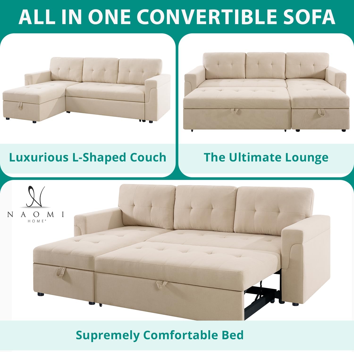 Naomi Home L Shaped Sectional Couch with Storage & Pull Out Bed – 3-in-1 Convertible Sleeper Sofa Bed, Small L Shape Sofa for Living Room, Sofa Bed with Storage Chaise in Beige, Velvet