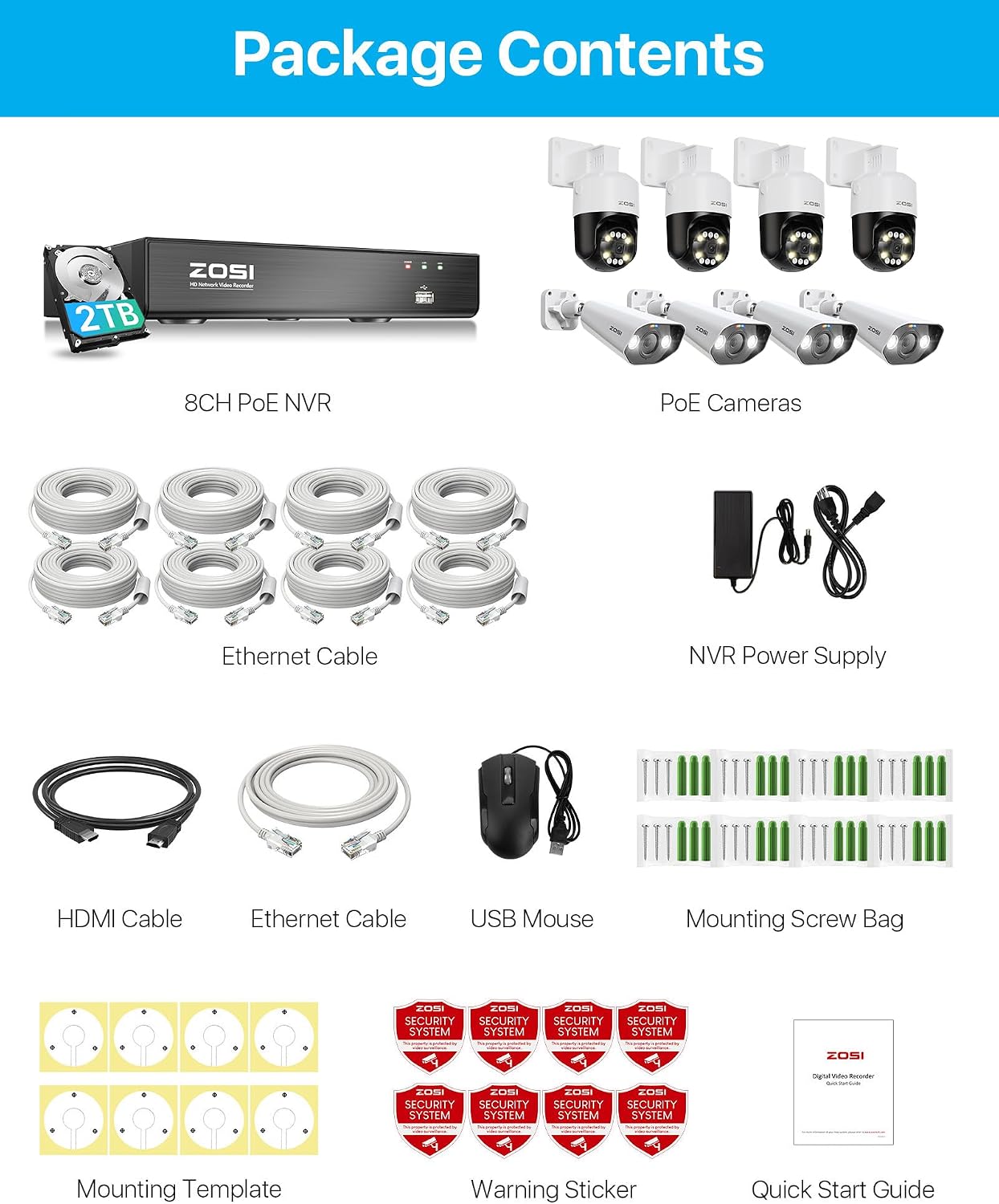 ZOSI 8CH (16CH Expandable) 4K PoE Security Camera System with AI Face Person Vehicle Detection, 8 Wired 5MP 3K Outdoor PT Bullet PoE IP Cameras, 2-Way Audio, 5X Digital Zoom, 2TB HDD, 24/7 Recording