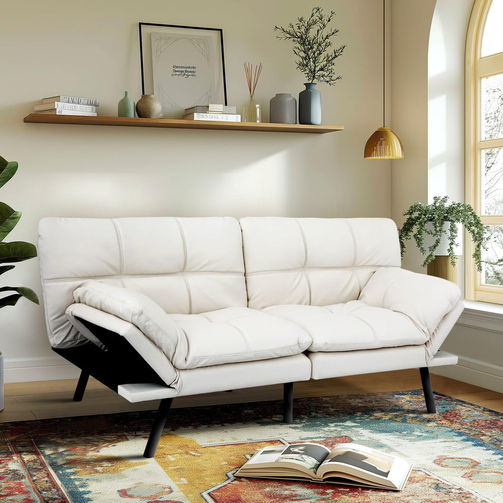 MUUEGM Convertible Memory Foam Sofa Bed with Adjustable Backrest & Armrest, Modern Futon Couch for Living Room, Office, Apartment, Space-Saving Design, Easy Assembly,White