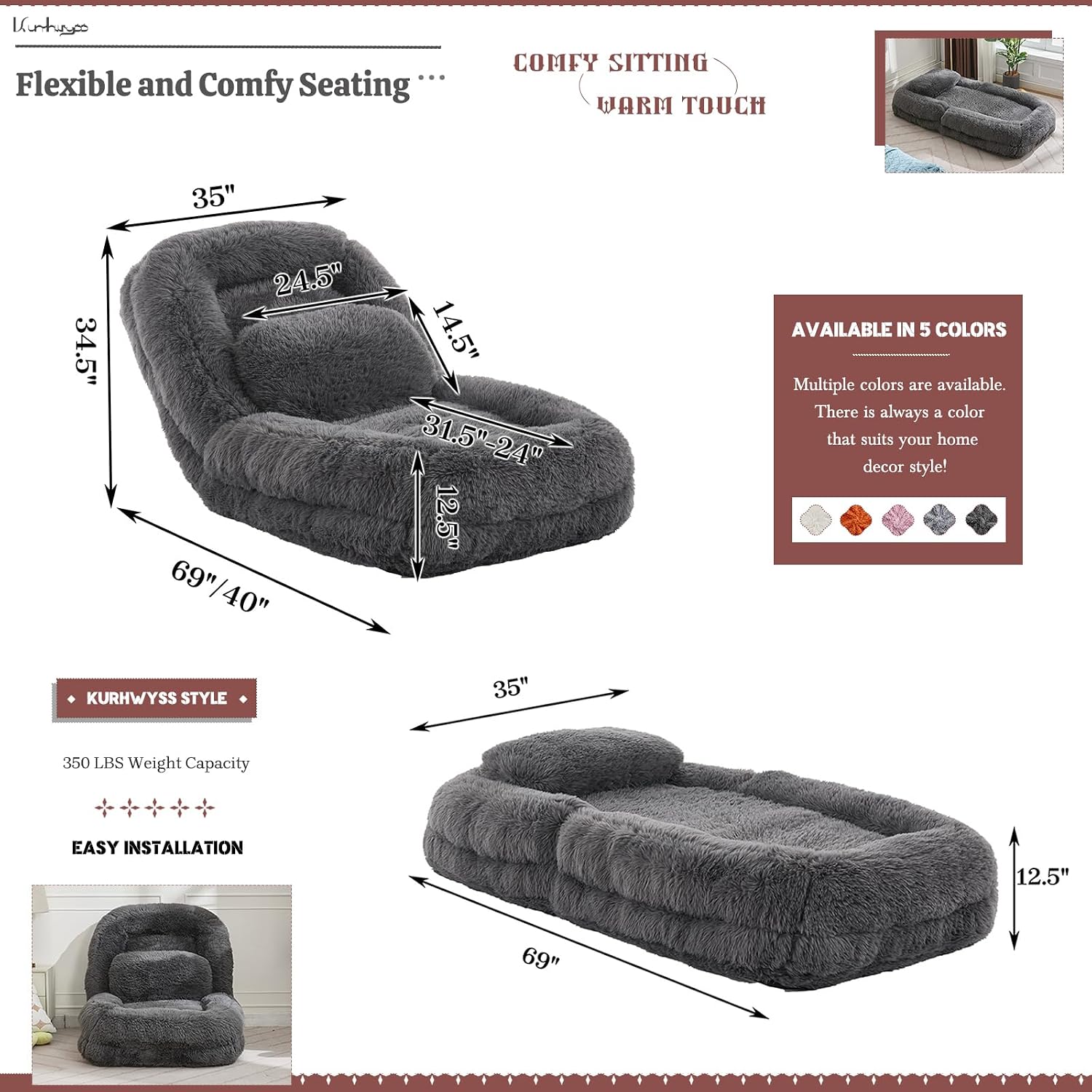 Upholstered Human Dog Bed for Adult & Pets, Convertible Lazy Sofa Bed with 5 Adjustable Position, Comfy Tatami Bean Bag Lounge Chair with a Soft Pillow for Bedroom Living Room (Dark Gray Fluffy)