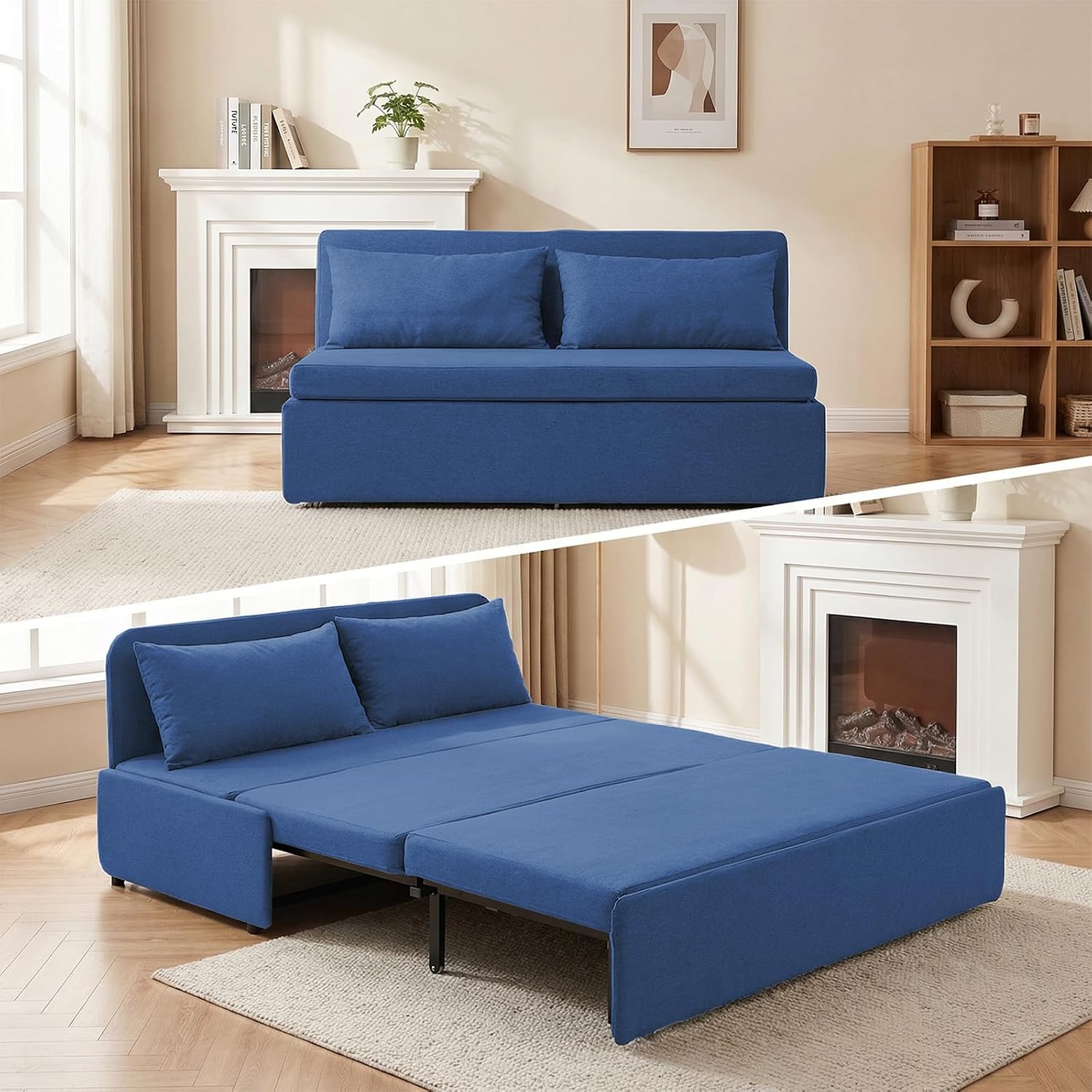 Mjkone 64' Width Queen Size Sleeper Sofa Bed, 2-in-1 Modern Convertible Linen Sofa Sleeper Pull Out Couch Bed with Cushions & Throw Pillows for Living Room Home Office Small Place, Blue