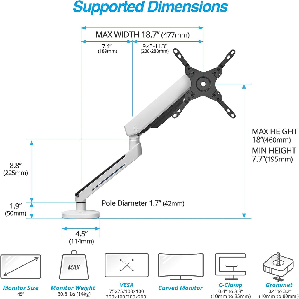 AVLT Single 27'-45' RGB Gaming Monitor Arm Desk Mount Built-in 20 Lighting Modes Touch Button Control Fits Flat/Curved/Ultrawide Screens Height Swivel Tilt Rotation Adjustable Stand -White