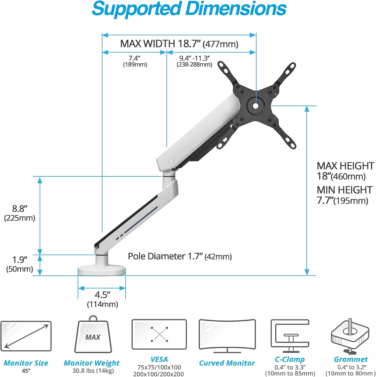 AVLT Single 27'-45' RGB Gaming Monitor Arm Desk Mount Built-in 20 Lighting Modes Touch Button Control Fits Flat/Curved/Ultrawide Screens Height Swivel Tilt Rotation Adjustable Stand -White