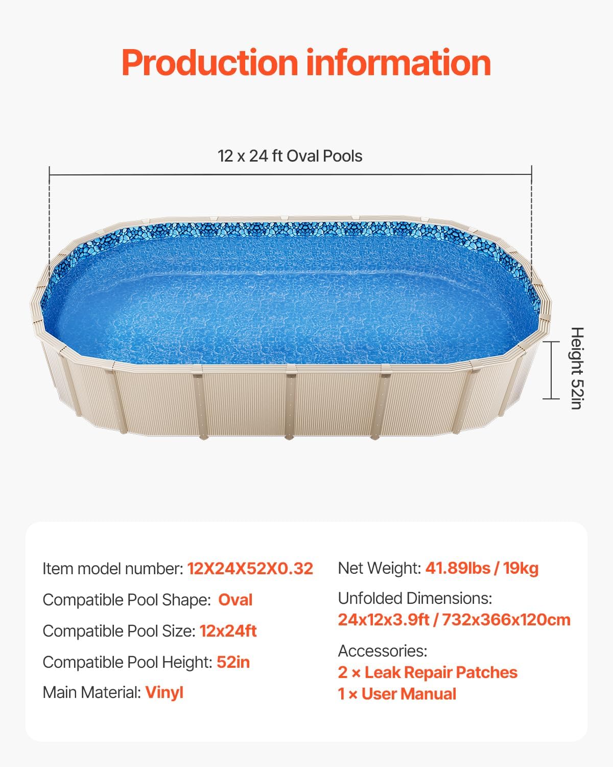 VEVOR 12 x 24 ft Oval Pool Liner, Unibead Above Ground Pool Liners, 52in Wall Height, Durable Standard Gauge Vinyl, Designed for Steel Sided Above-Ground Swimming Pools