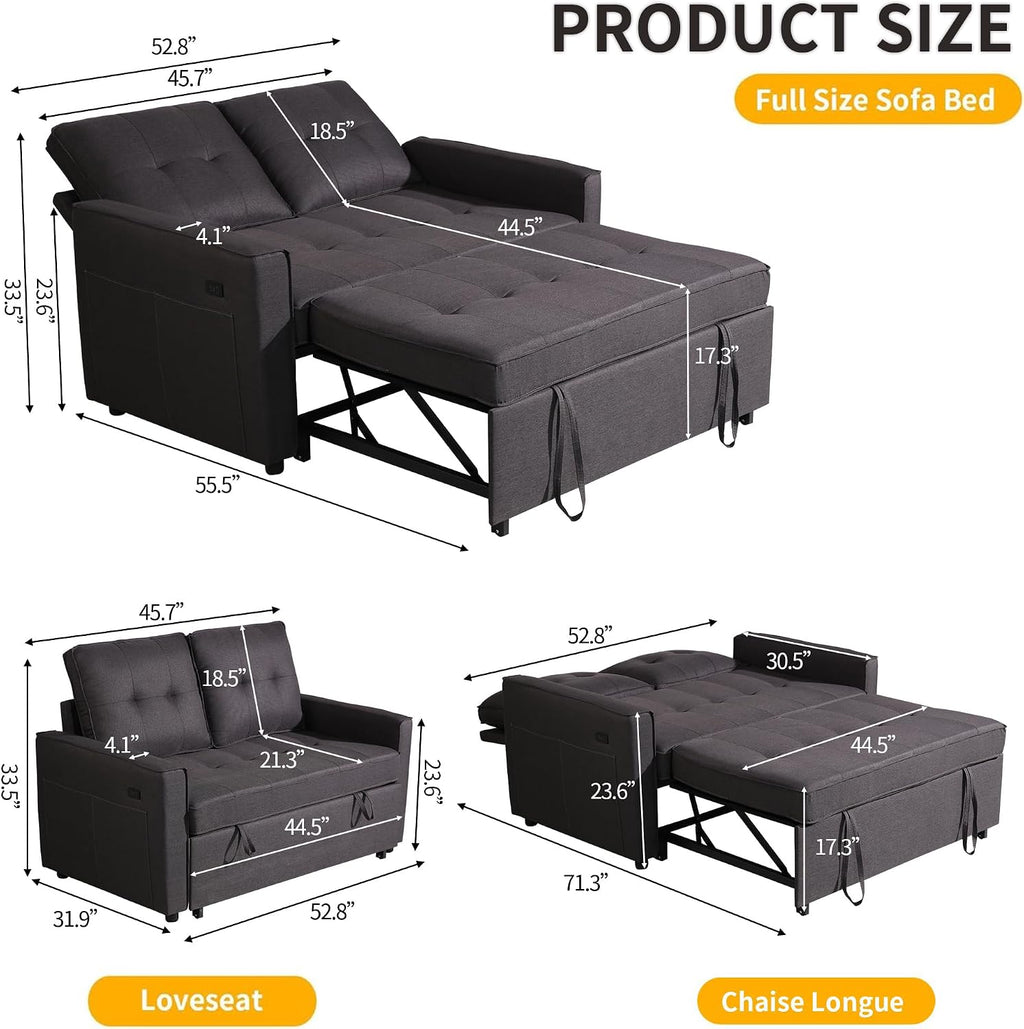 EJUNQ Pull Out Couch, Convertible Sofa Bed with USB and Reclining Backrest, Modern 3 in 1 Sleeper Sofa Couch Bed with Side Pockets, Comfortable Loveseat Sleeper for Small Spaces.(Dark Grey)