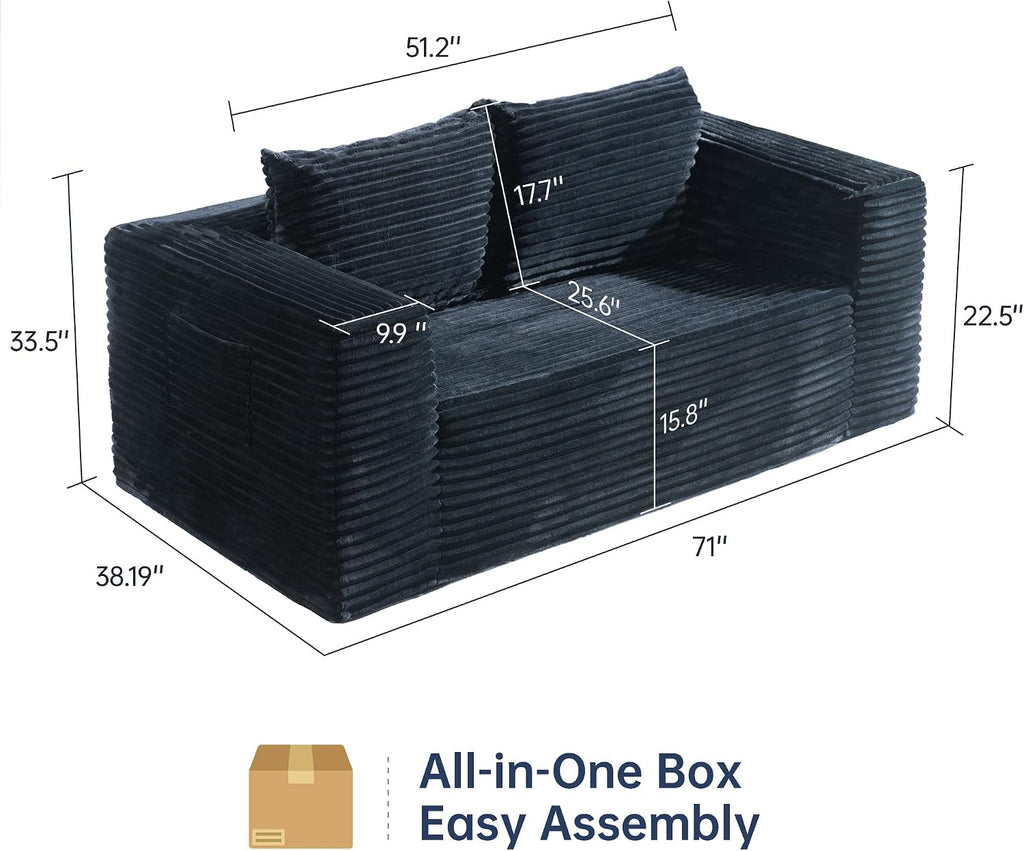 TeQsli Loveseat Sofa, 71' Foam Sofa in a Box, Plush Corduroy Deep Seat Couch, No Assembly Needed, Modern Sofa for Compact Living Rooms, Apartments, and Offices