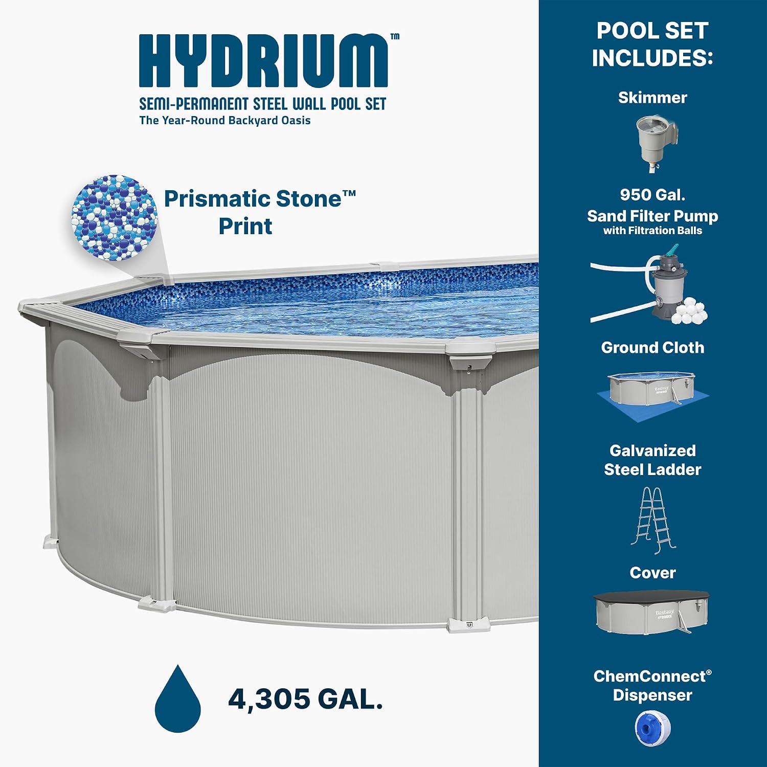 Bestway Hydrium 16'5' x 12' x 48' Above Ground Pool, Oval Steel Side Wall Frame Outdoor Swimming Pool Set with Sand Filter Pump, Polysphere Filtration Balls, Ladder & Accessories