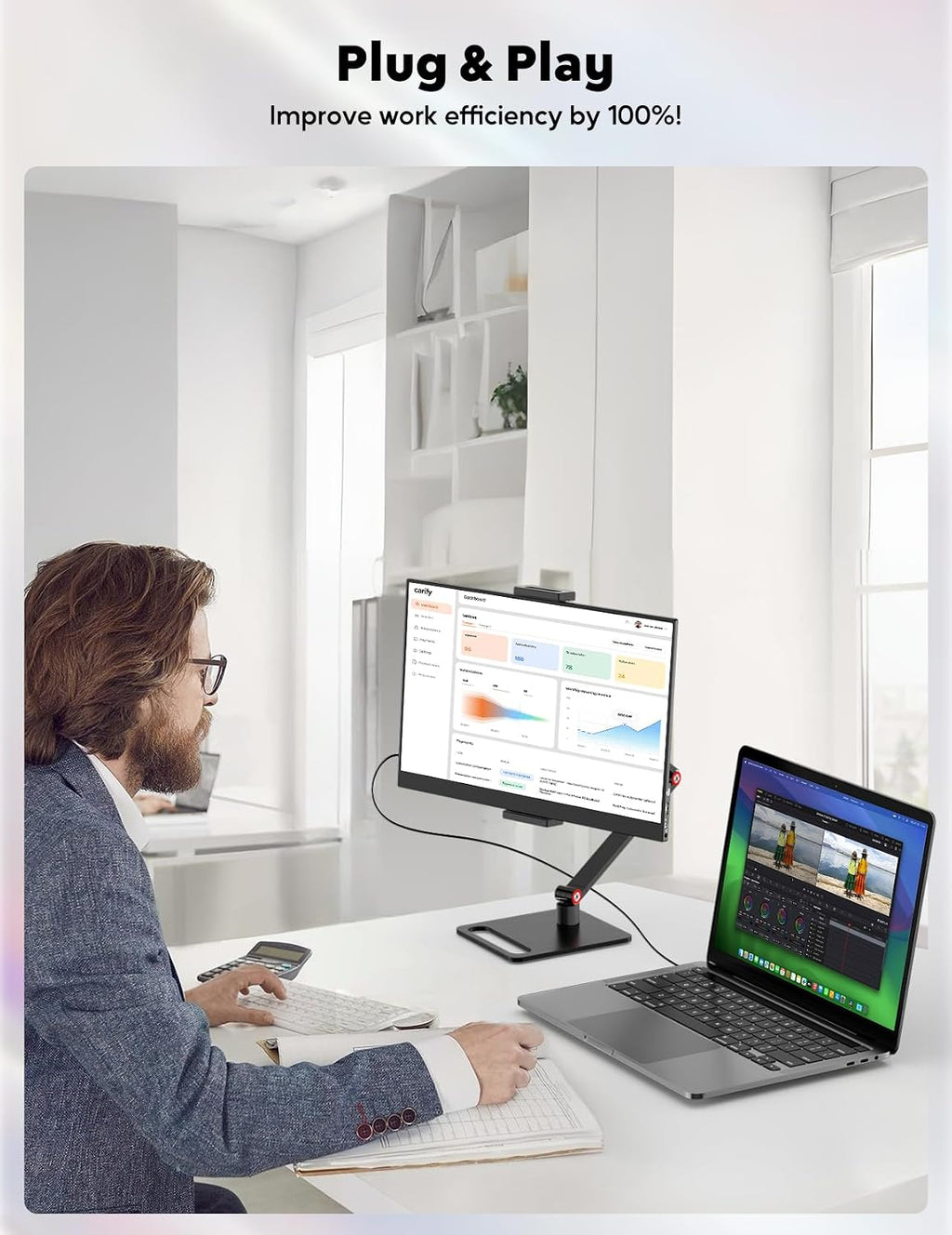 15.6' Portable Monitor with Adjustable Stand, 1080P FHD IPS Screen Extender, USB-C/HDMI Port, Ultra Slim Travel Monitor with Eye Protection, Plug and Play for Laptop/PC/Mac/Android/Switch/PS5