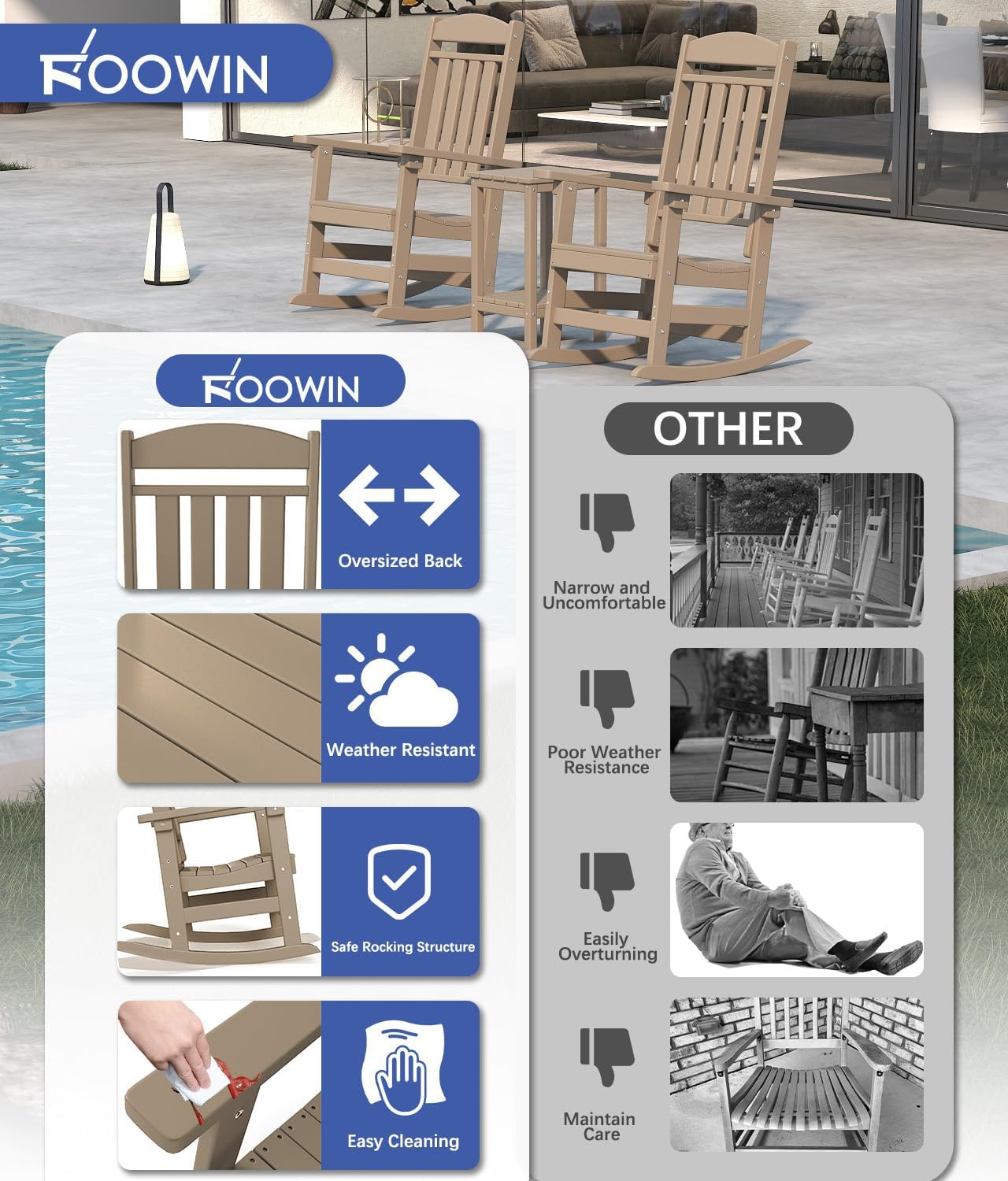 FOOWIN Outdoor Rocking Chair Set of 8, High Back Patio Rocking Chair, HDPE All Weather Resistant Porch Rocker for Adult, Oversized Rocking Chairs for Garden, Lawn, Indoor & Outdoor Use, Brown
