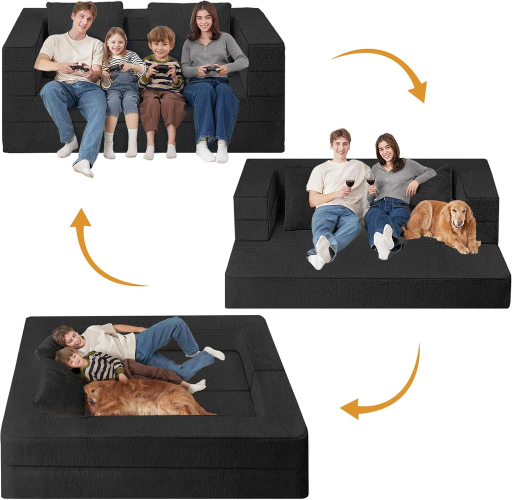 Futon Sofa Bed with Pillow, 3-in-1 Sleeper Sofa Bed with Removable Cover, Convertible Floor Sofa Bed, No Assembly Boneless Couch for Living Room, Bedroom