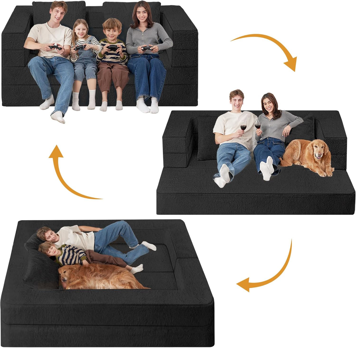 Futon Sofa Bed with Pillow, 3-in-1 Sleeper Sofa Bed with Removable Cover, Convertible Floor Sofa Bed, No Assembly Boneless Couch for Living Room, Bedroom