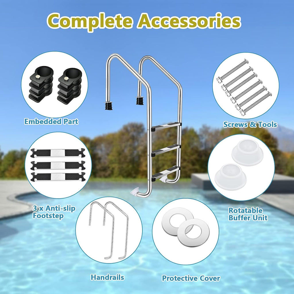 Goplus Swimming Pool Ladder, 3-Step/4-Step In-Ground Stainless Steel Step for Indoor/Outdoor Pool, Heavy Duty Non-Slip Ladder, Easy Assembly (3-Step)