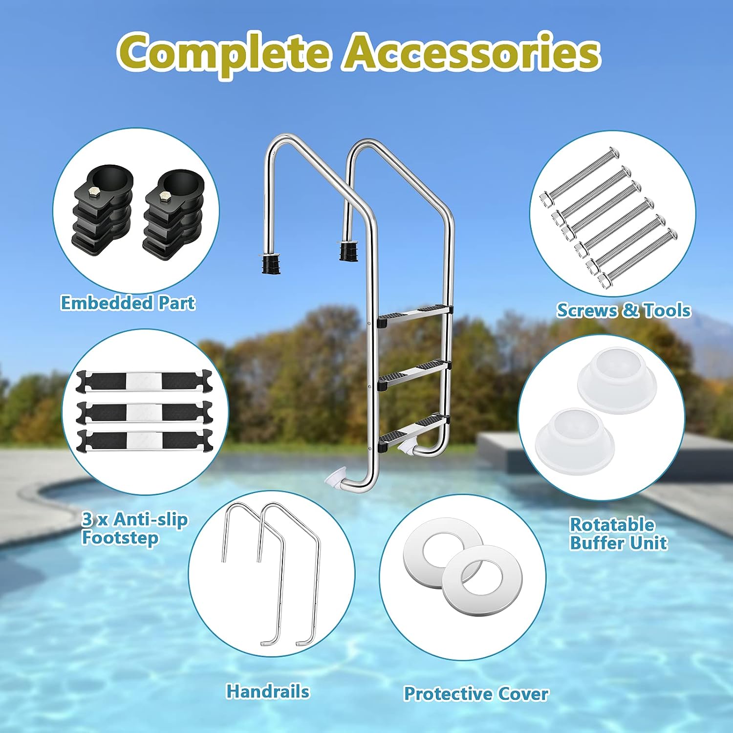 Goplus Swimming Pool Ladder, 3-Step/4-Step In-Ground Stainless Steel Step for Indoor/Outdoor Pool, Heavy Duty Non-Slip Ladder, Easy Assembly (3-Step)