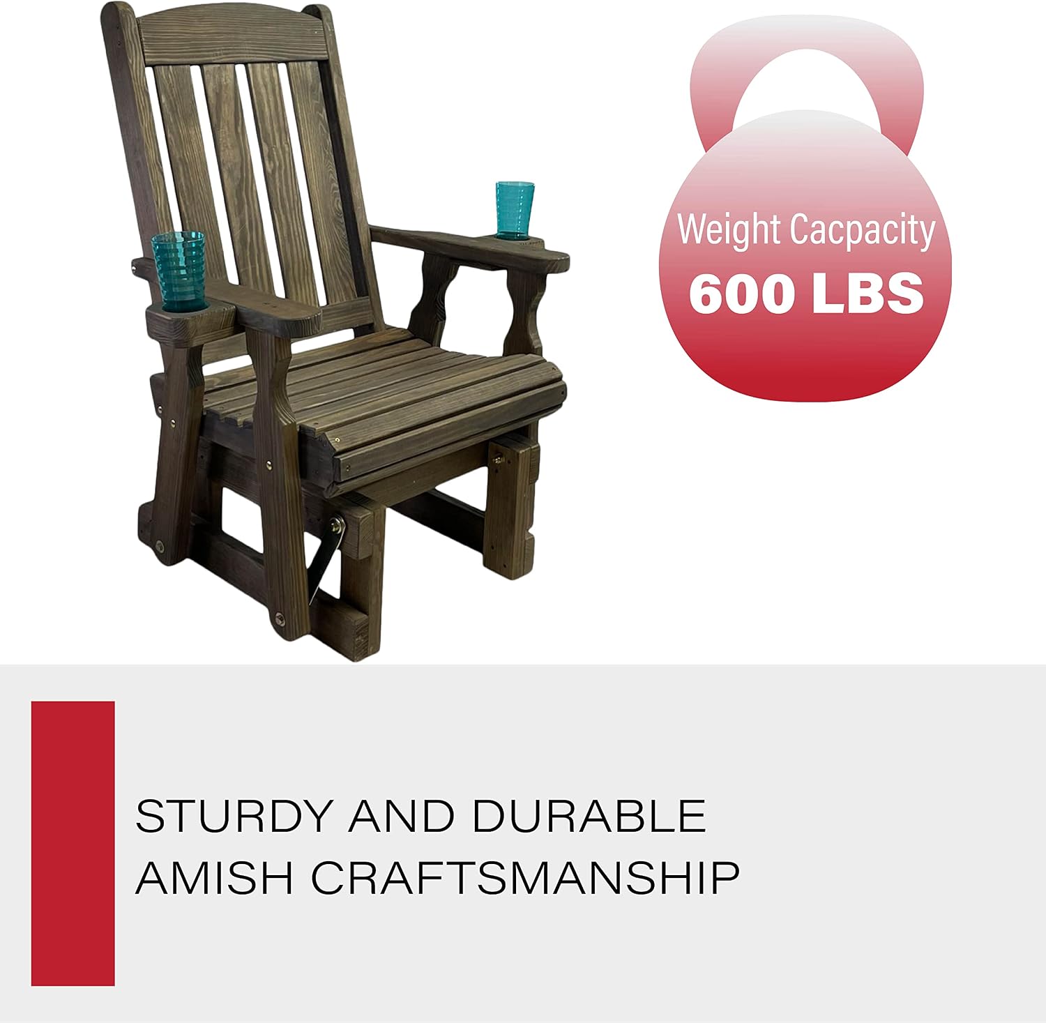 Amish Casual Heavy Duty 600 Lb Mission High Back Treated Glider Chair with Cupholders (Dark Walnut Stain)