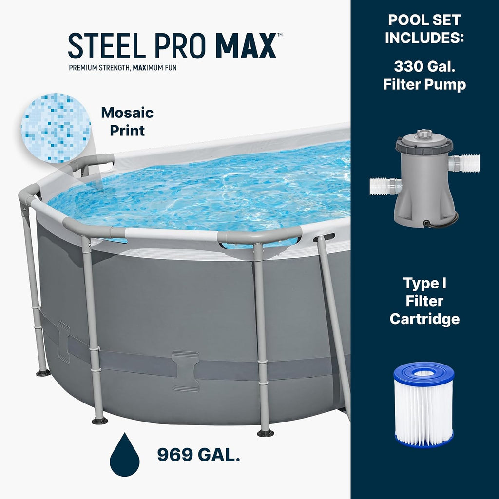 Bestway Steel Pro MAX 10' x 6'7' x 33' Oval Above Ground Swimming Pool Set, 330 GPH Filter Pump, Tritech Puncture Resistant Liner, ClickConnect Steel Frame, Gray