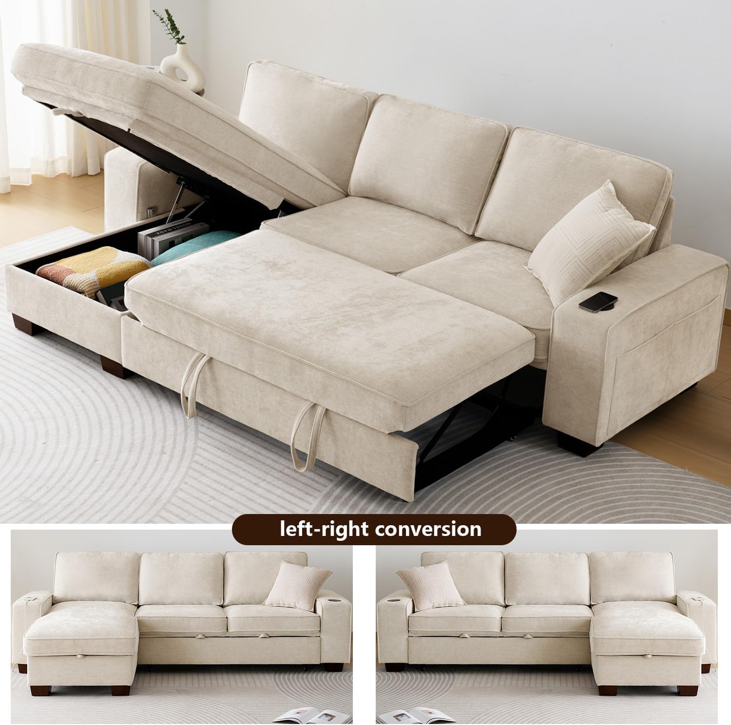 99' Convertible Sleeper Sofa Bed,L Shaped with Storage Chaise Pull Out Couch for Living Room,USB and Type-C,Removable Washable Chenille Covers (Beige)