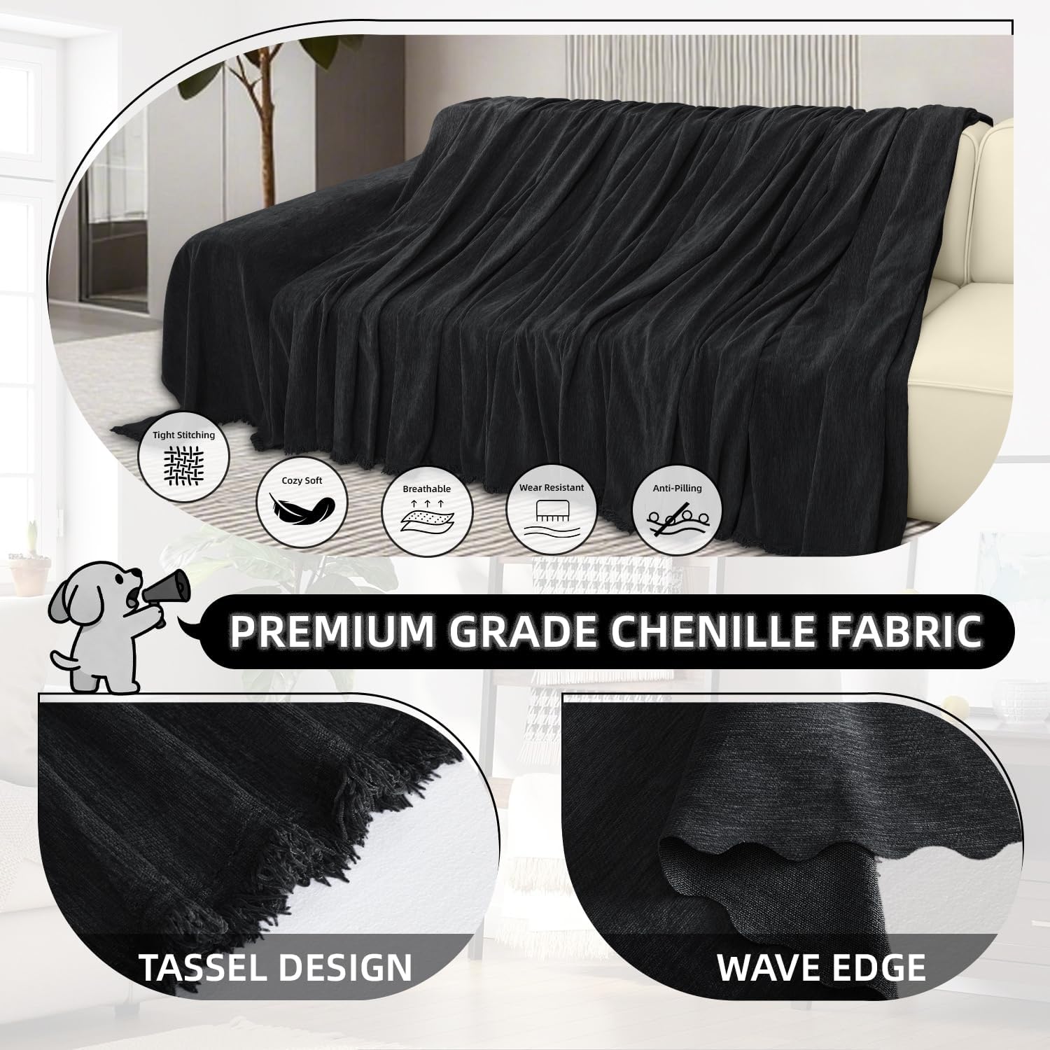 1OO% Waterproof Corner Sectional Couch Covers L Shape Chenille Sectional Sofa Cover with Tassel Soft Thick Washable Sofa Slipcover Furniture Protector for Dogs Pets (91' x 276', Dark Black)