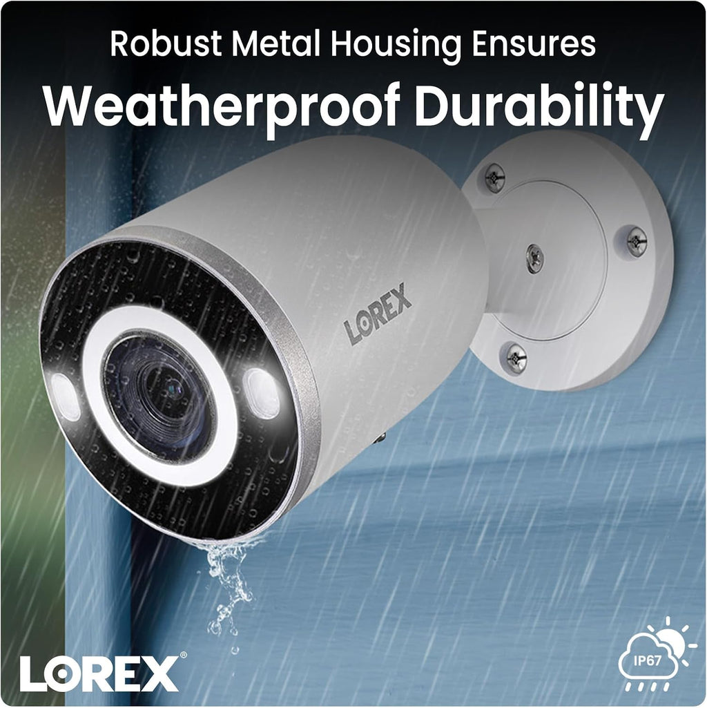 Lorex 4K Smart Security Lighting Deterrence Bullet AI PoE IP Wired Camera with Color Night Vision and Motion Activated LED Lights