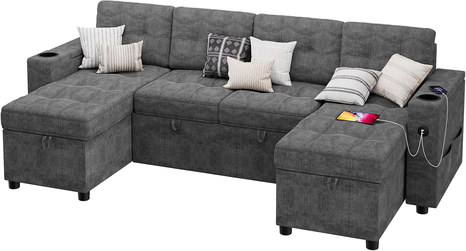 IDEALHOUSE U-Shaped Couches for Living Room, Sofa Bed for Living Room with Reversible Storage Chaises and Hidden Storage Armrests, Cup Holders and USB Charging Ports Included, Dark Grey
