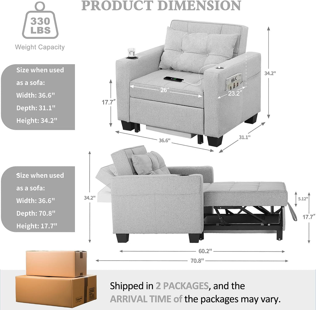 DURASPACE Pull Out Sofa Bed 3-in-1 Convertible Sofa Sleeper Chair Bed with USB, Cup Holder, Adjustable Armchair Beds for Small Spaces, Apartment, Living Room, Office (Light Gray Linen)