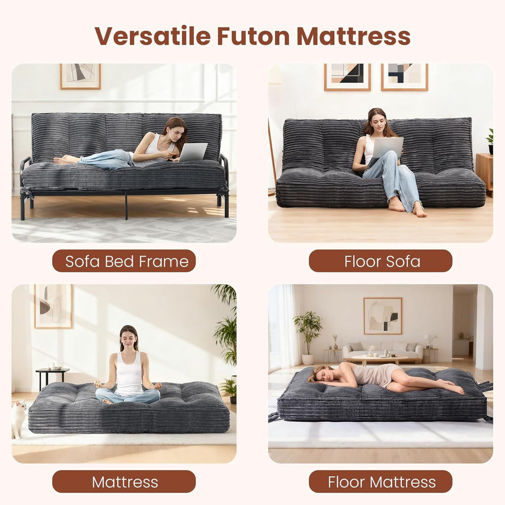 10' Futon Mattress Queen Size,Futons Sofa Couch Bed with Straps, Thick Corduroy Floor Mattress for Adults, Roll Up Folding Mattress Shredded Foam Filling, Medium Firm (Gray, Full)